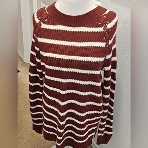 Burgundy & White Striped Stitch Tunic Sweater   Size XL